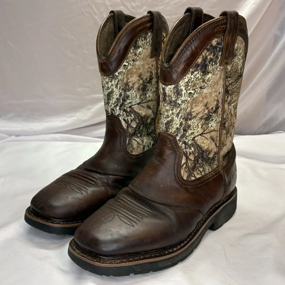 Cabela's Camo Western Work Boots Men's Size 9 D Leather Square Toe 82-5519
